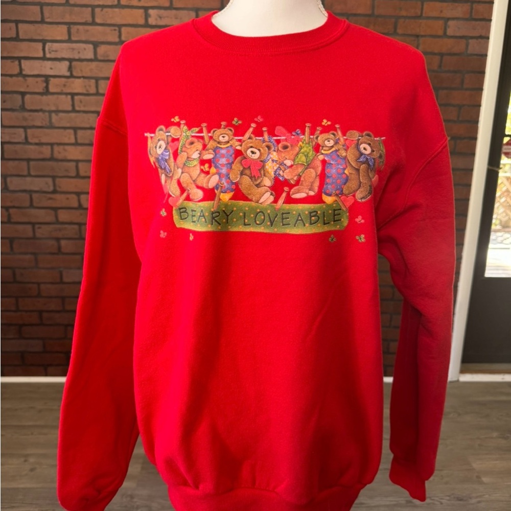 Jerzees Beary Loveable Teddy Bear Sweatshirt Red Crewneck Medium 90s Cute